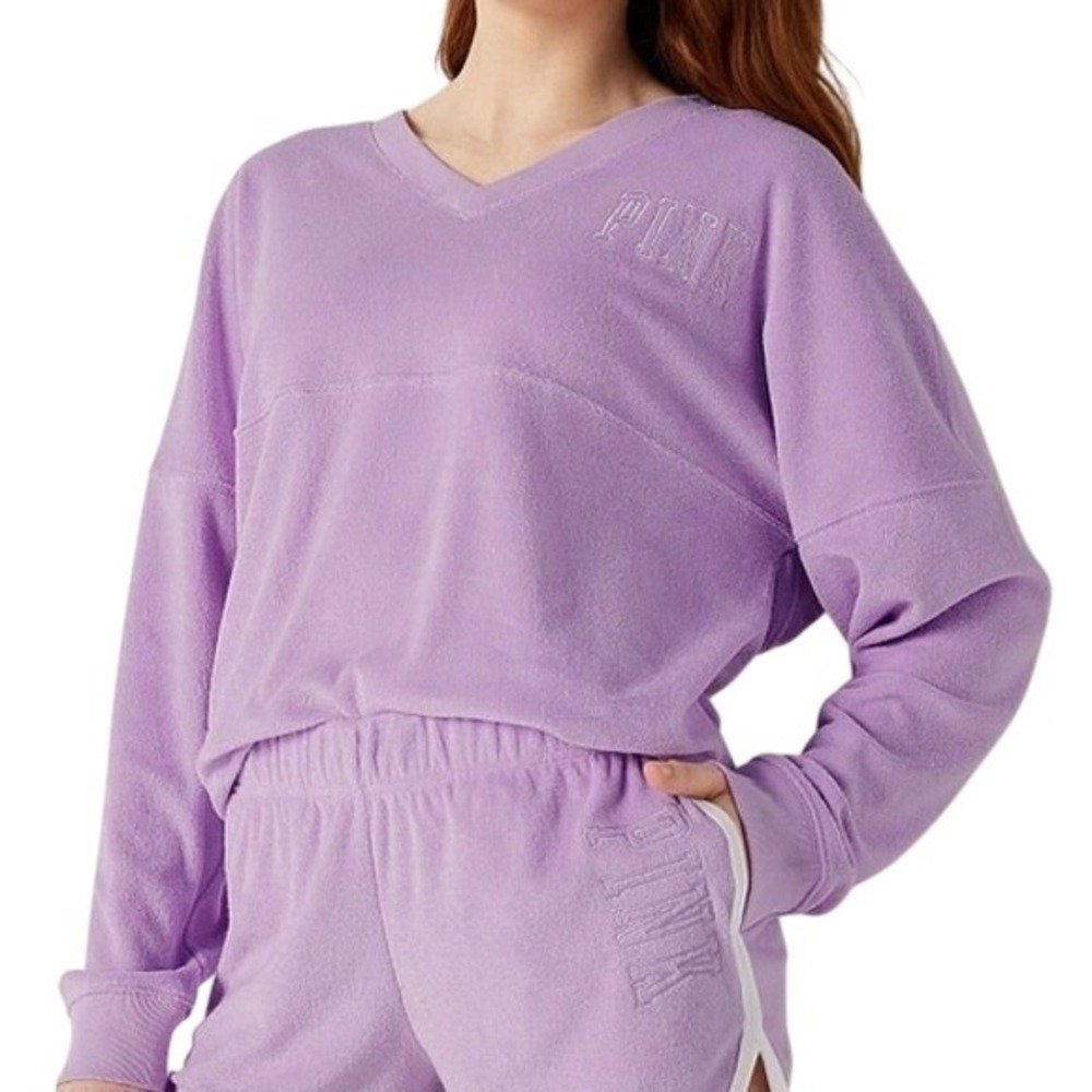 Victoria's Secret PINK Purple Terry Cloth V-Neck Jersey Pullover Sweatshirt XS